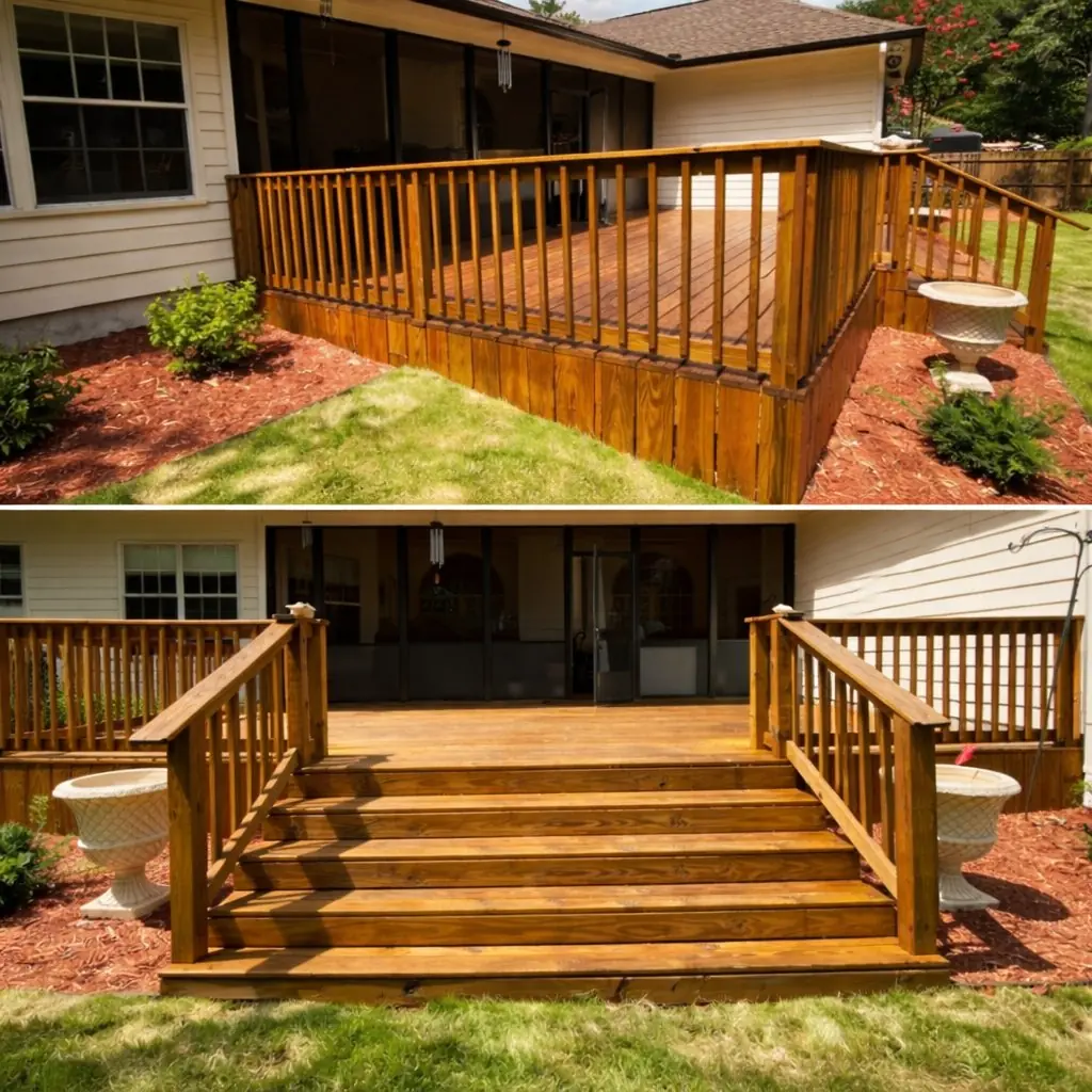 Deck staining — wood deck and railings with warm honey-brown stain by Seminole Ventures Painting