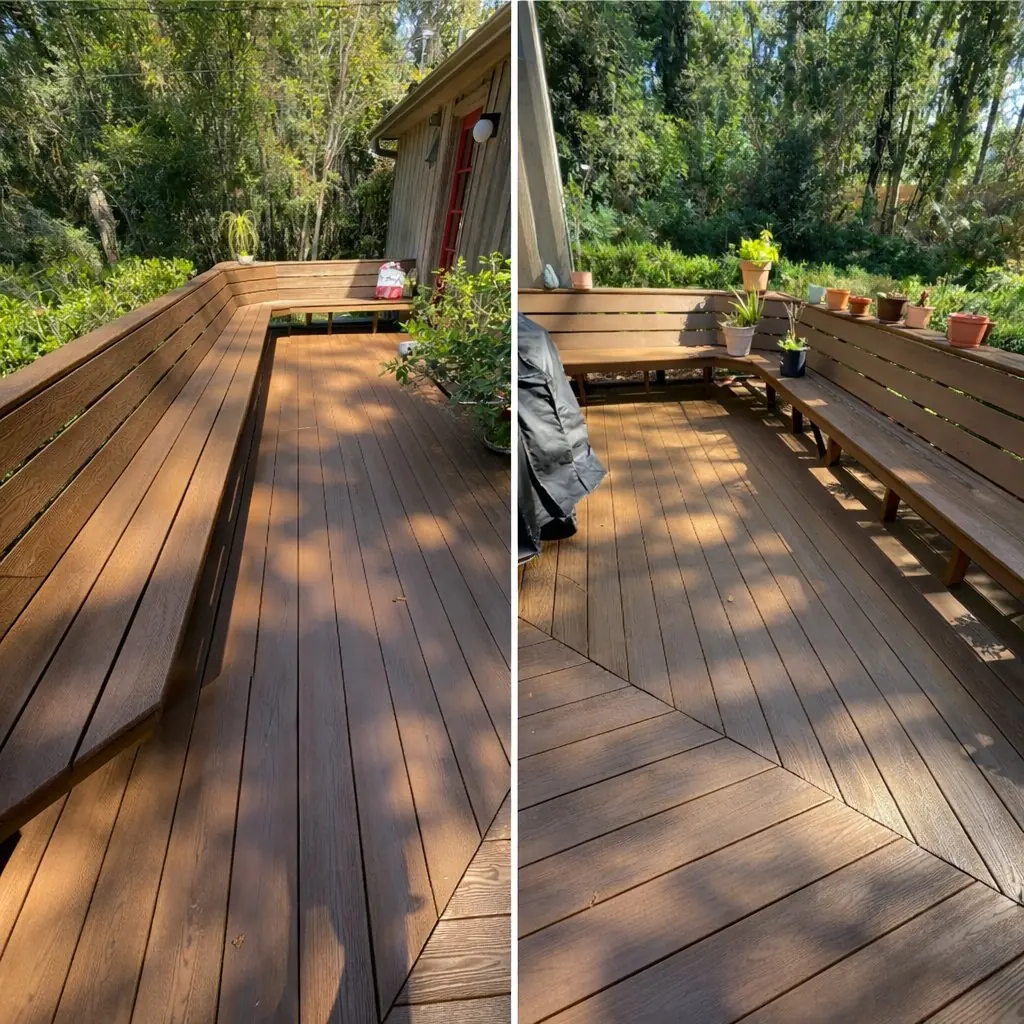 Deck refinishing — herringbone composite deck with rich dark stain by Seminole Ventures Painting