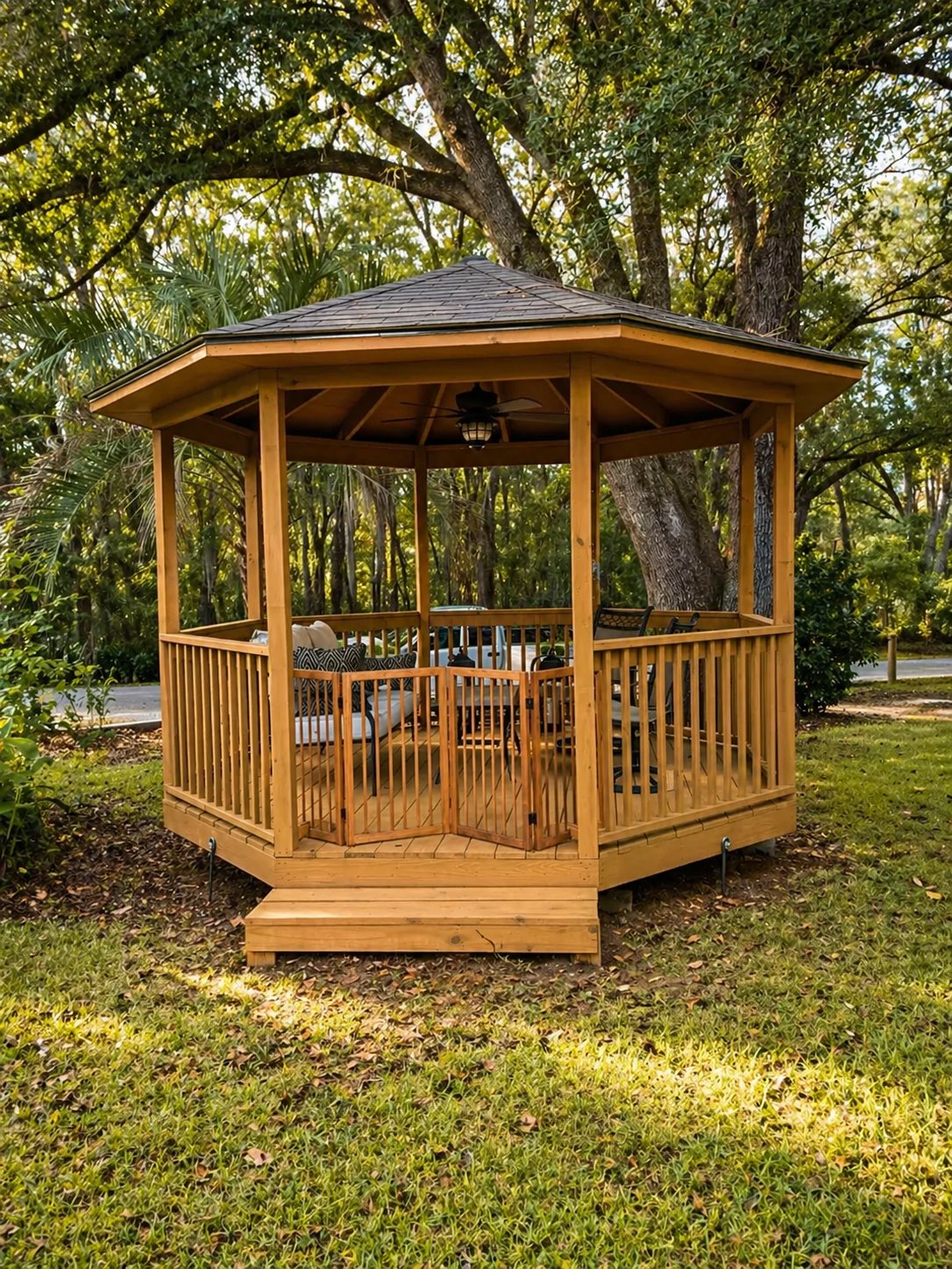 Gazebo staining — octagonal cedar gazebo with warm natural stain and outdoor seating by Seminole Ventures Painting in Tallahassee FL