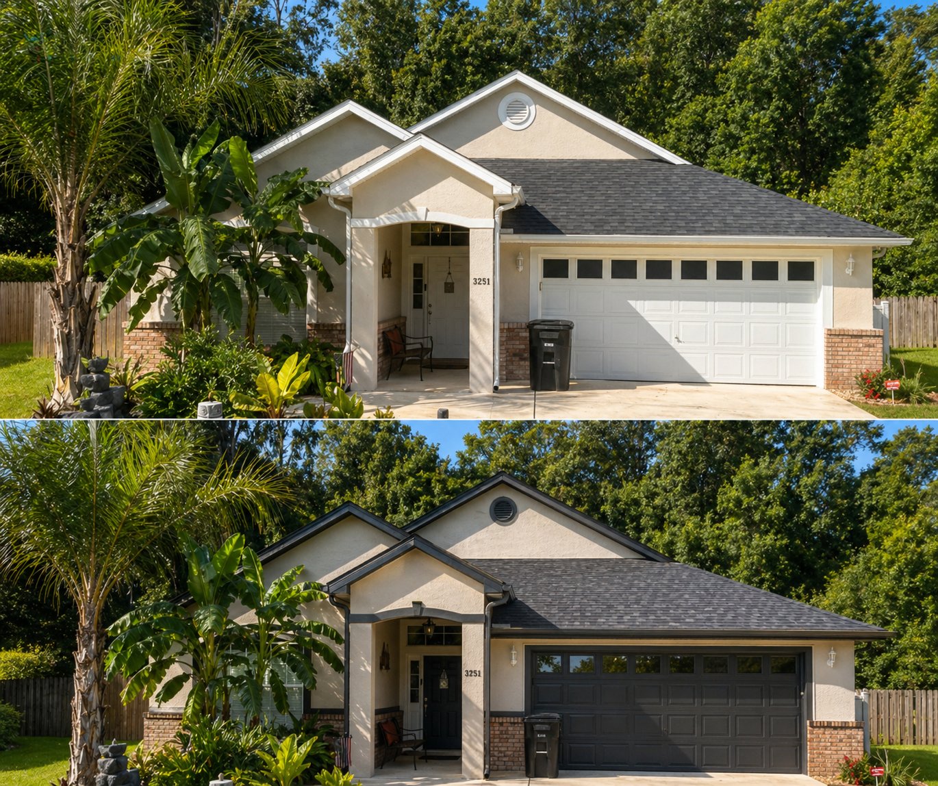 Exterior painting before and after — stucco home with updated trim and garage door color by Seminole Ventures Painting in Tallahassee FL