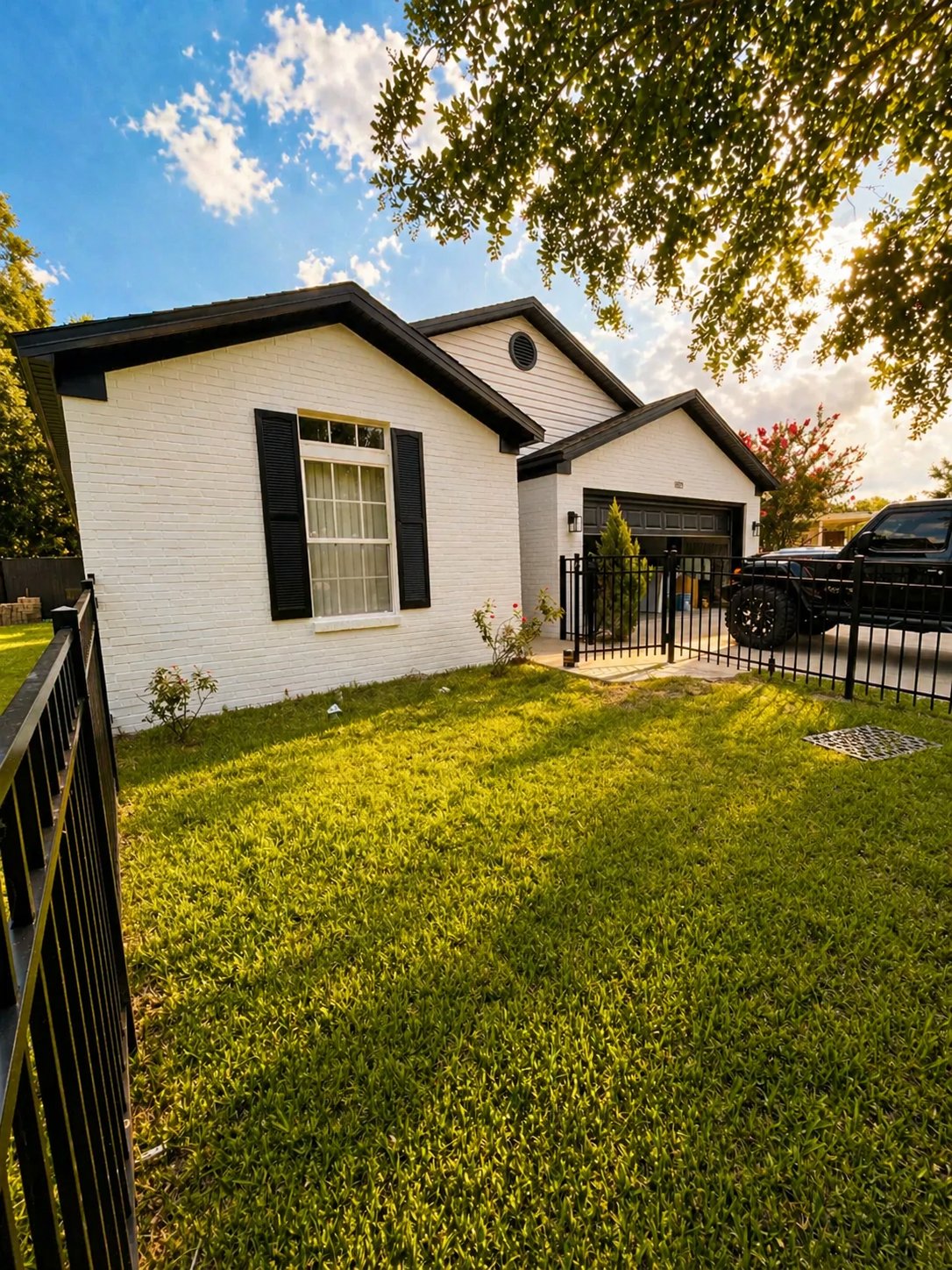 Exterior painting — white painted brick home with bold black shutters and trim by Seminole Ventures Painting in Tallahassee FL