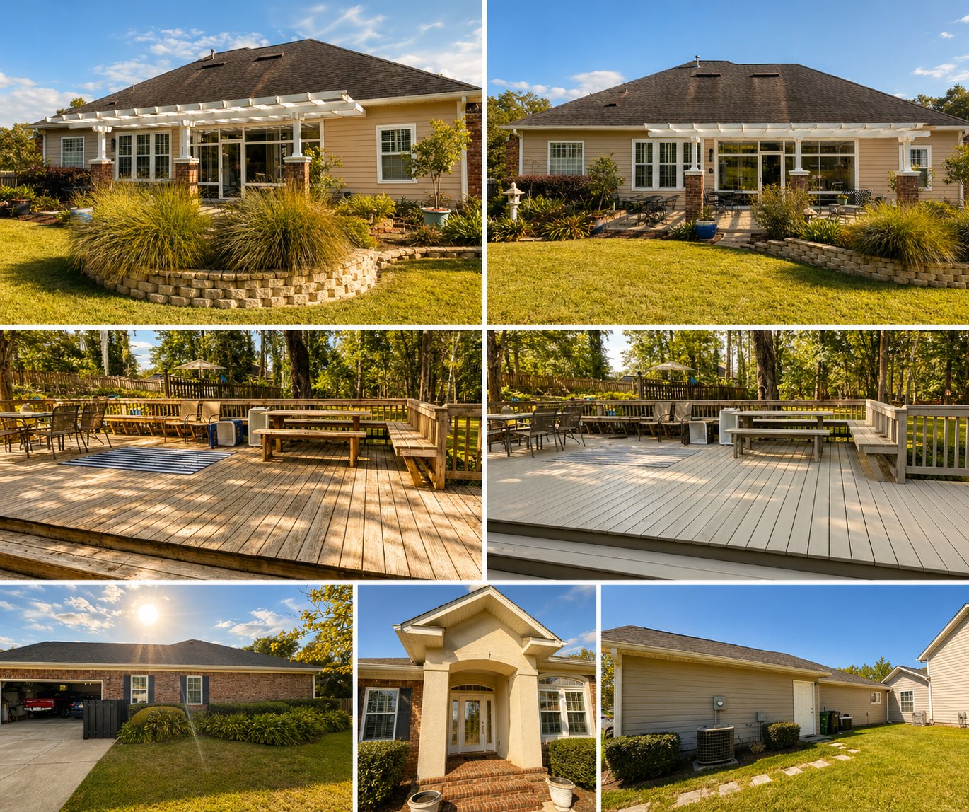 Deck staining and exterior painting — large entertainment deck with refreshed home exterior by Seminole Ventures Painting