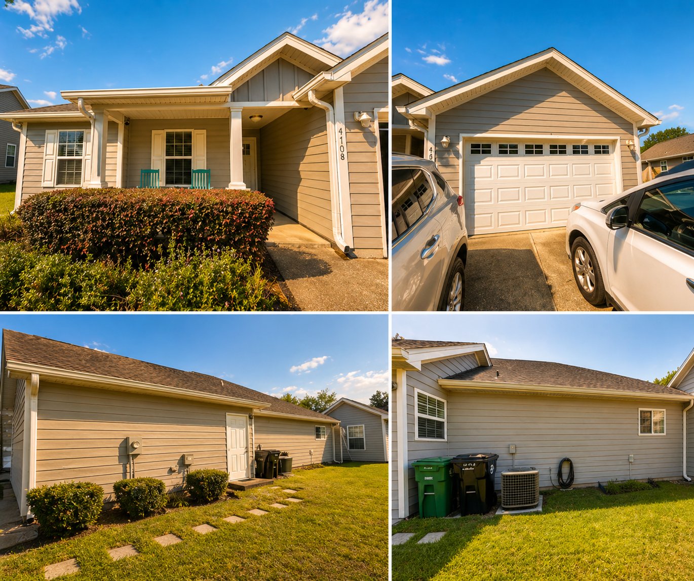 Exterior siding painting — taupe vinyl siding home with refreshed curb appeal by Seminole Ventures Painting in Tallahassee FL
