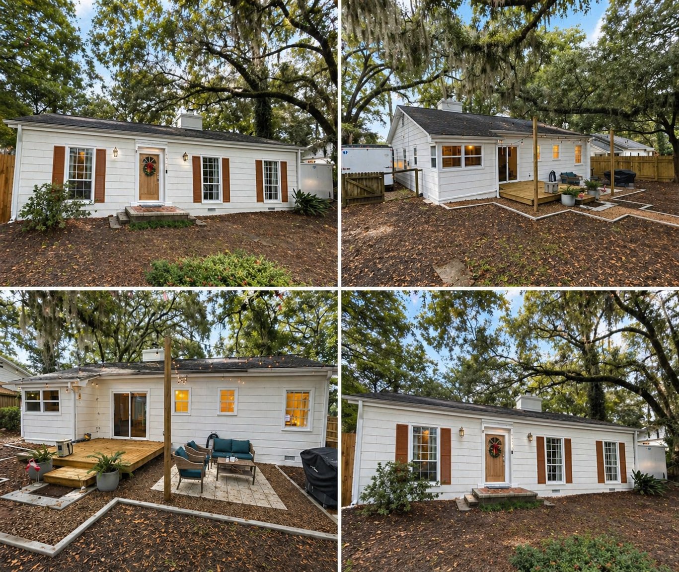 Exterior painting — charming white cottage home with cedar shutters under Spanish moss oaks by Seminole Ventures Painting