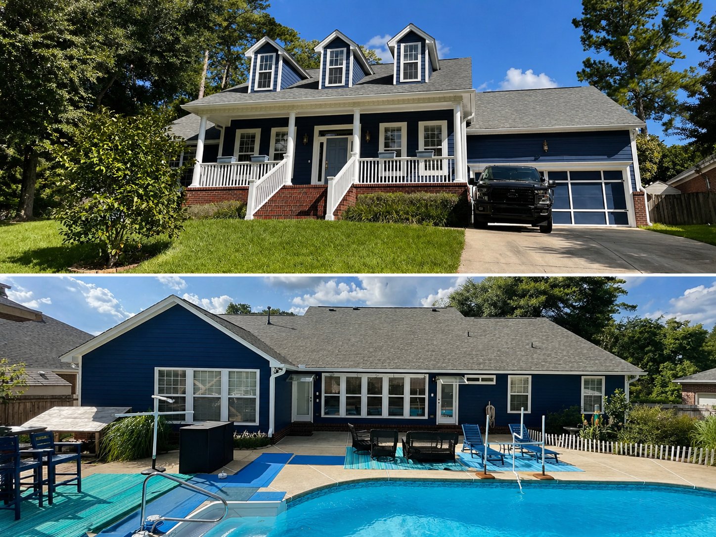 Exterior painting — bold navy blue two-story home with white trim and pool area by Seminole Ventures Painting in Tallahassee FL