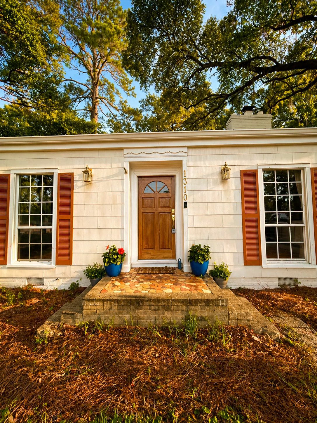 Exterior detail painting — white shingle home with stained wood front door and terracotta shutters by Seminole Ventures Painting