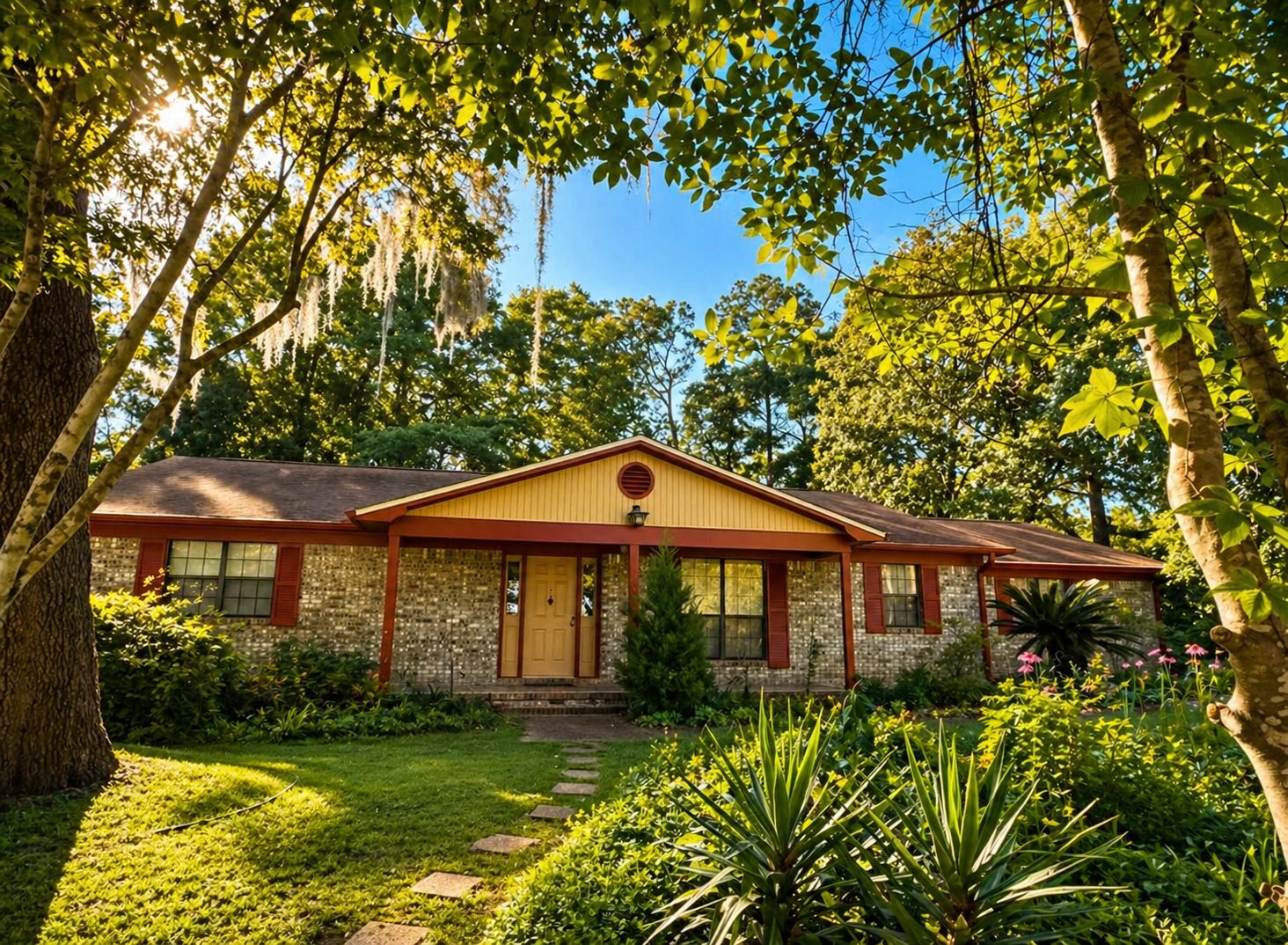 Exterior painting — classic brick ranch home with warm accent trim and lush landscaping by Seminole Ventures Painting in Tallahassee FL